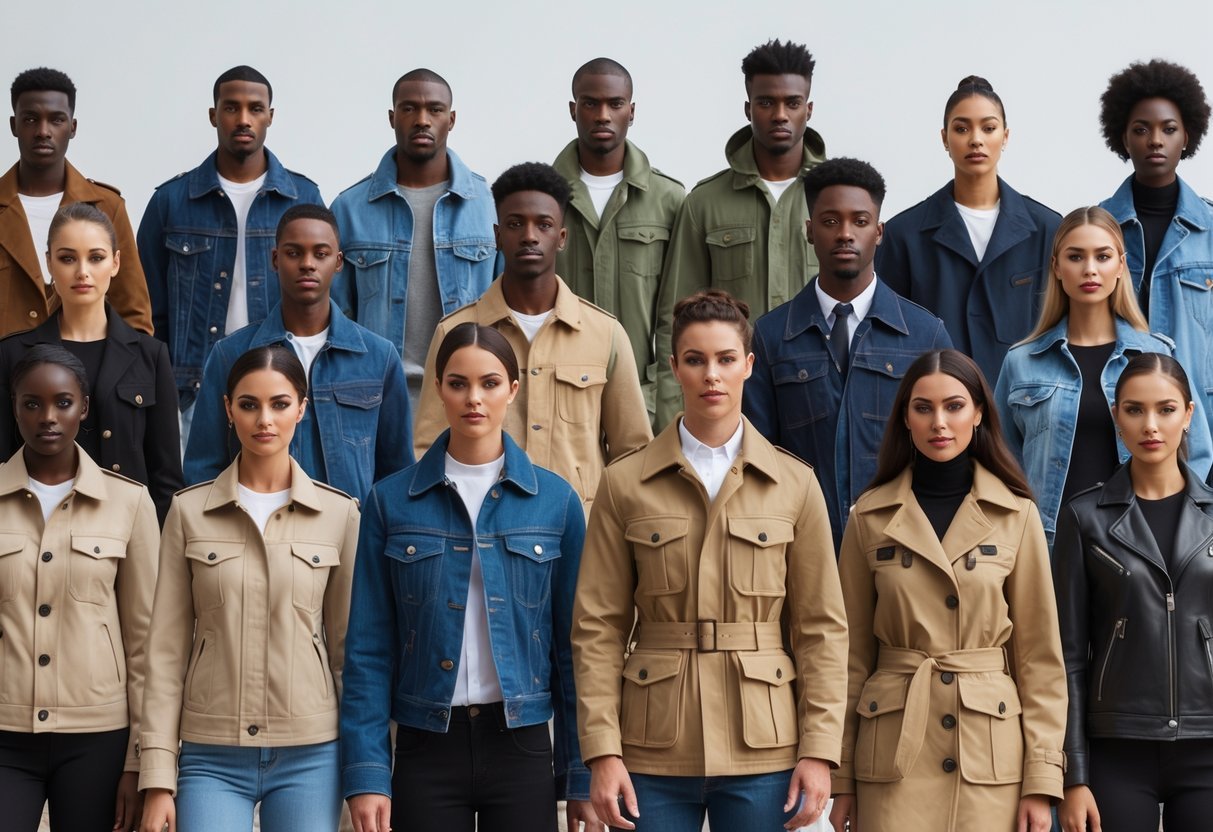 A group of men and women outdoors wearing various types of jackets including a safari jacket, standing together and posing naturally.