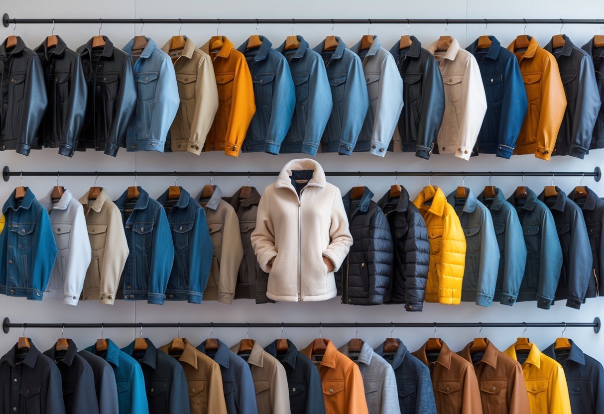 A collection of 20 different jackets for men and women displayed on mannequins and hangers against a white background.