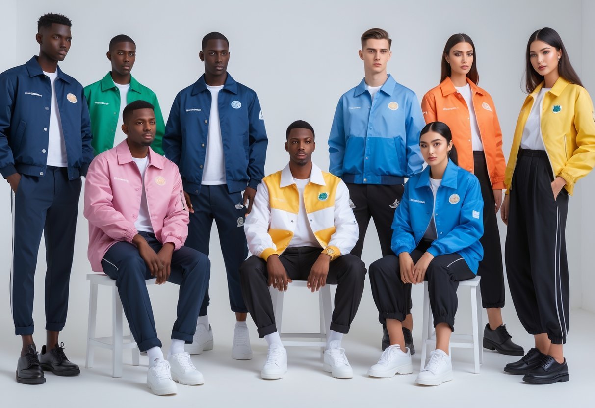 A group of men and women wearing various styles and colors of coach jackets posed in a studio.