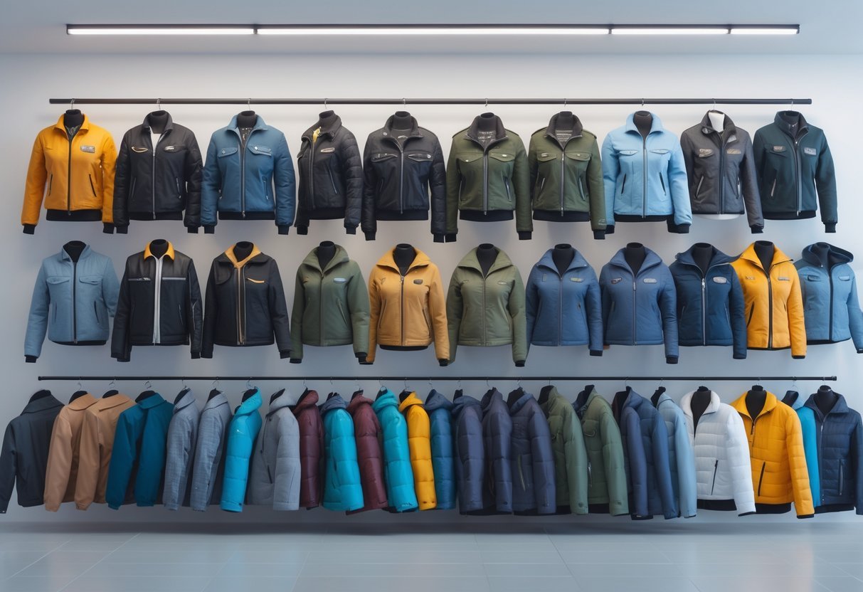 A collection of men’s and women’s jackets displayed on mannequins and models in a bright studio setting.