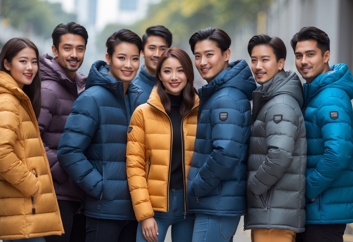 A group of men and women outdoors wearing different styles and colors of puffer jackets.