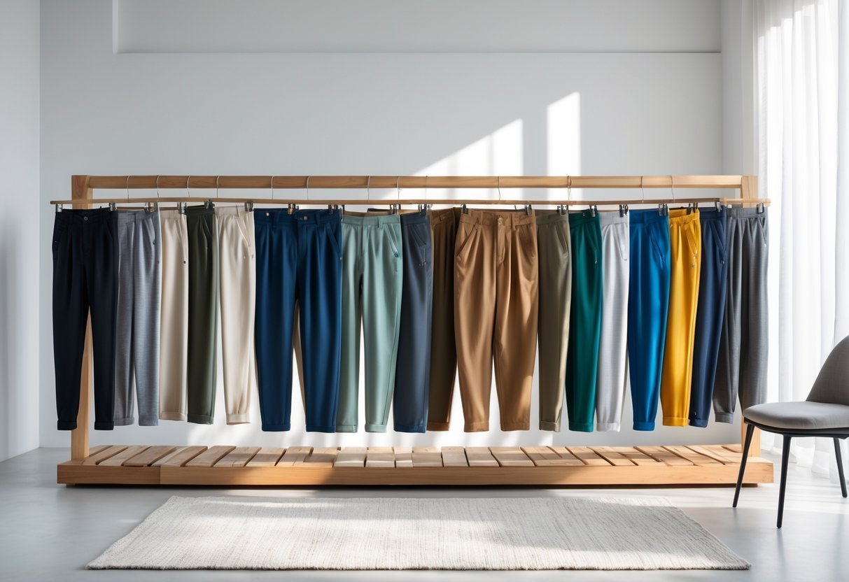A neatly arranged collection of various pants displayed on a wooden rack in a bright and modern studio.