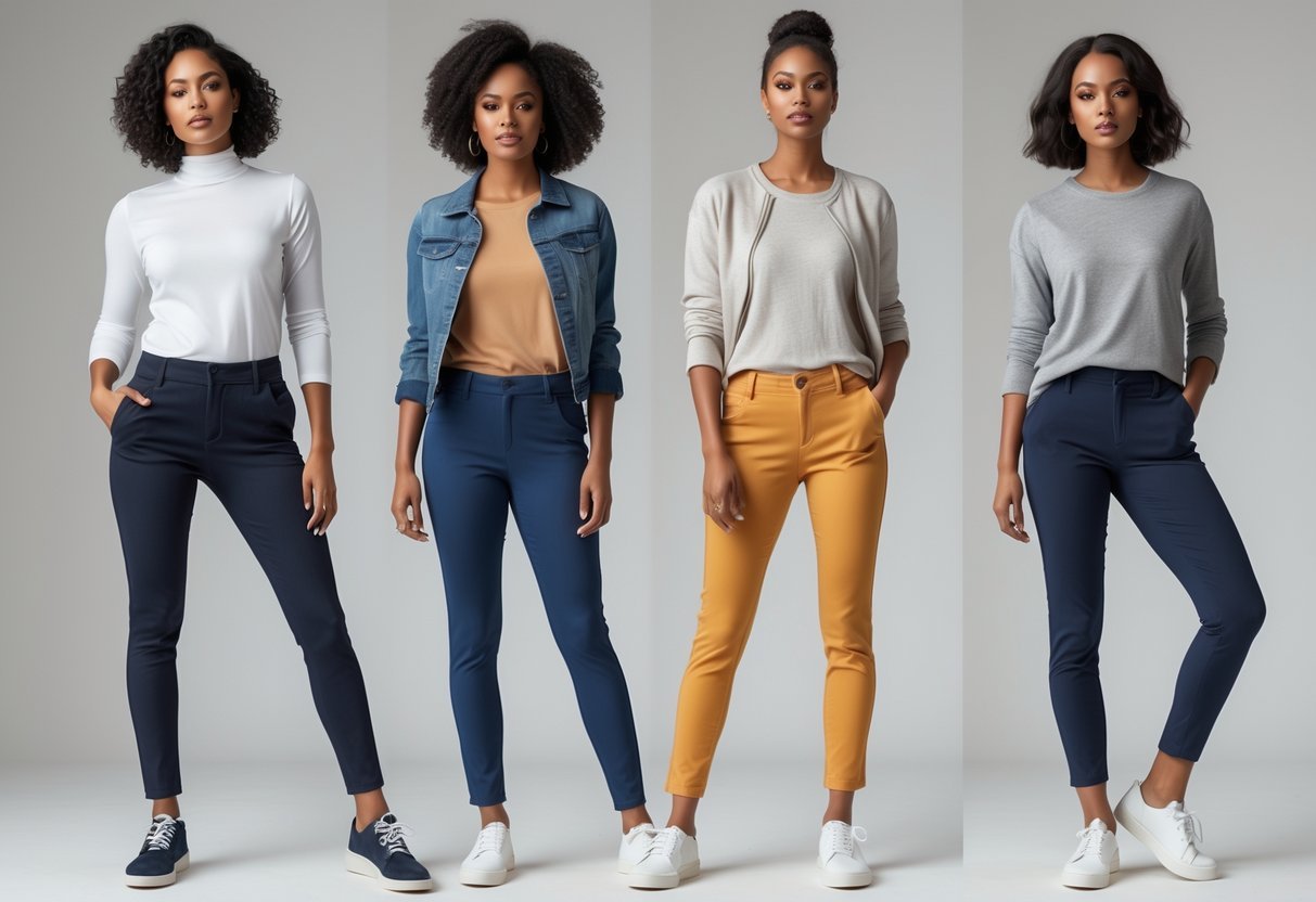 Four adults standing together in a studio, each wearing different slim-fitting pants, posing naturally against a plain background.