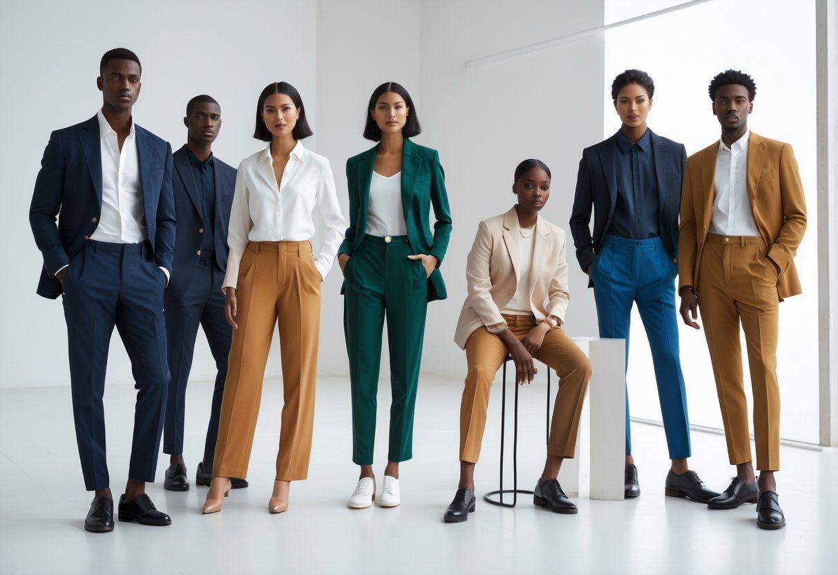 A group of people wearing different types of trousers posing naturally in a bright, modern studio.