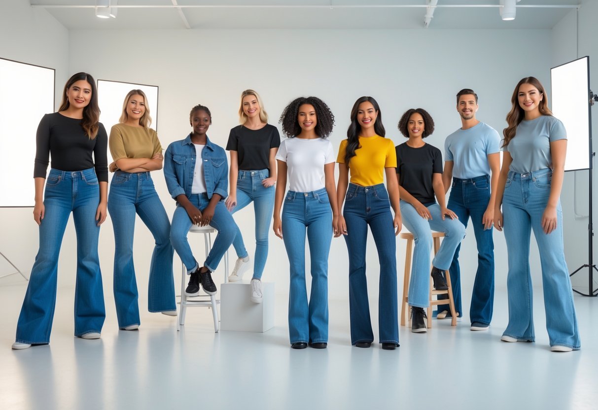 A group of diverse people wearing different types of jeans posing in a bright studio with simple furniture.