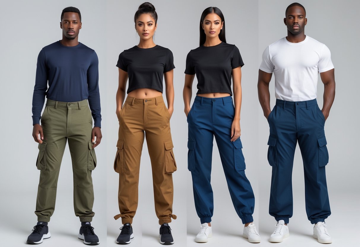 Four adults standing side by side wearing different types of pants against a plain background.