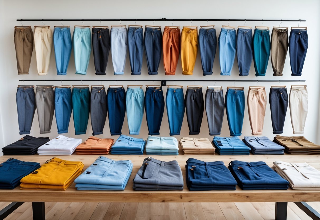 A neatly arranged collection of different men's pants displayed on a wooden table and hangers in a bright studio.