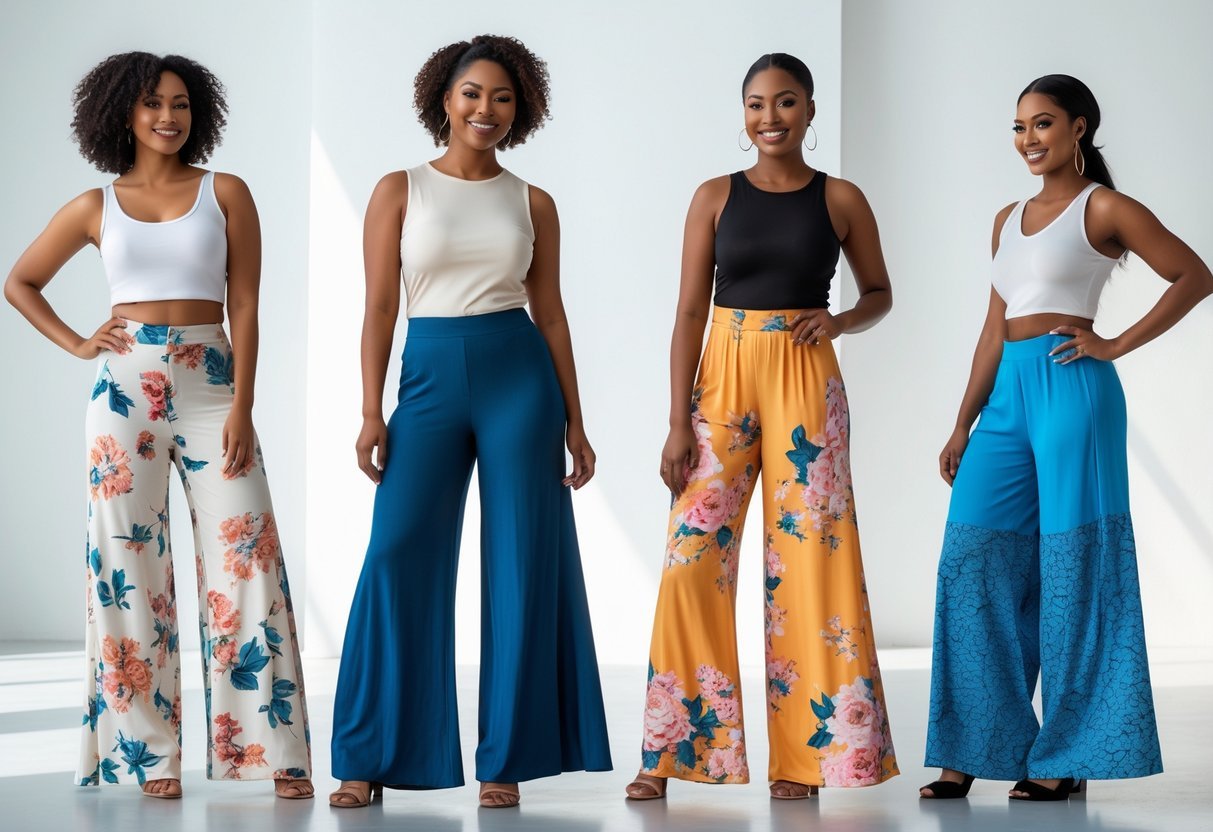 Four women standing together in a bright studio, wearing wide-legged pants and smiling.