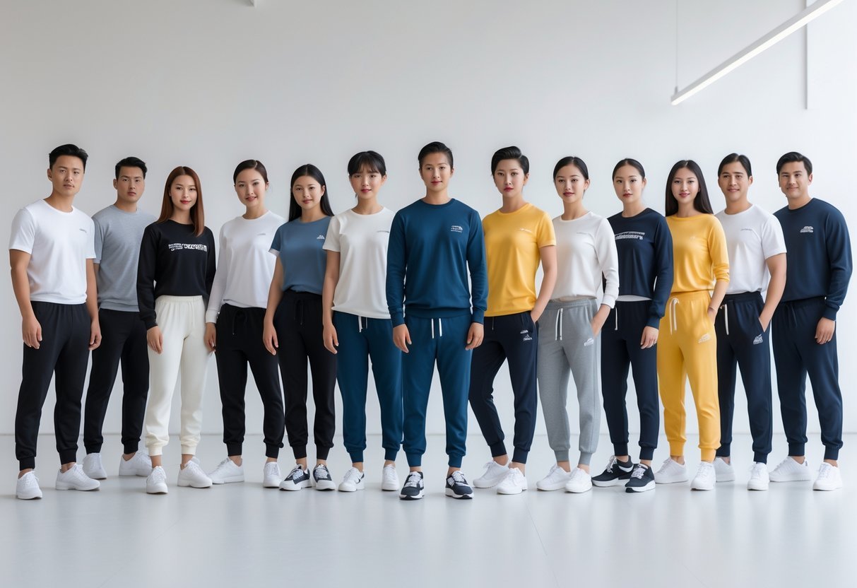 A group of people standing in a bright studio, each wearing different types of casual pants, posing naturally against a plain white background.