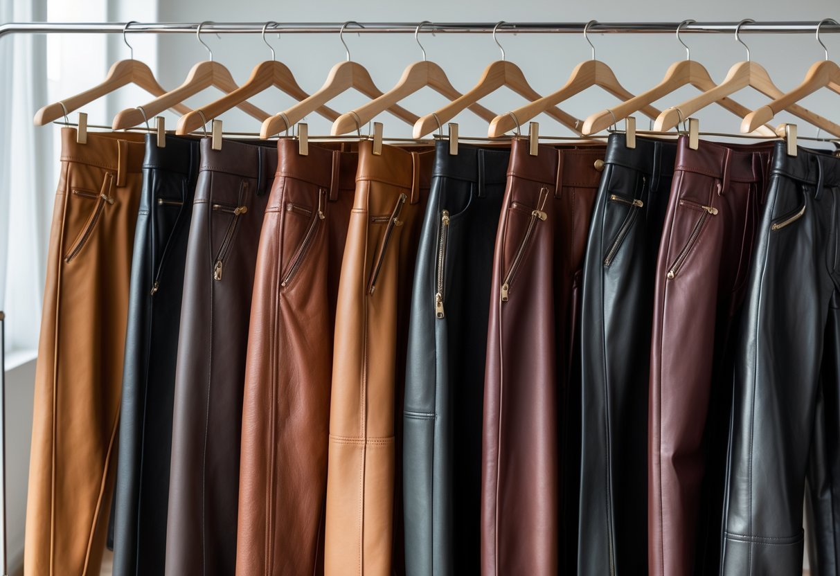A clothing rack displaying various leather pants in a bright studio with natural lighting.