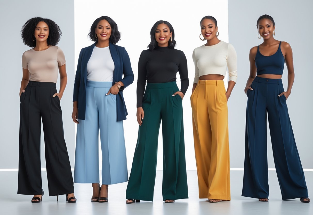 Five adults standing in a bright studio wearing different types of wide-leg pants, posing naturally against a white background.