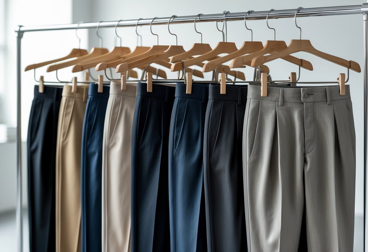 A collection of men's dress pants hanging on a clothing rack in a bright, minimal studio setting.