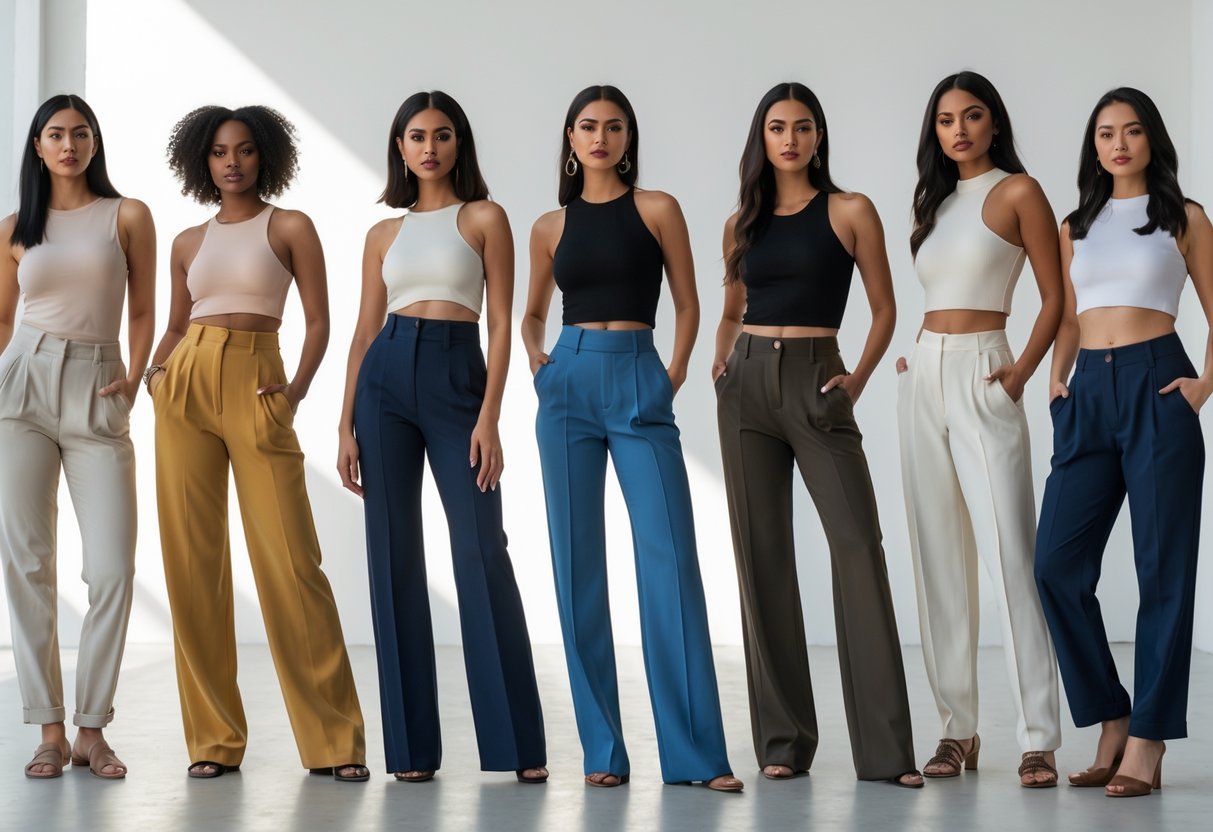 A group of women standing in a bright studio, each wearing different high-waisted pants, posing confidently.