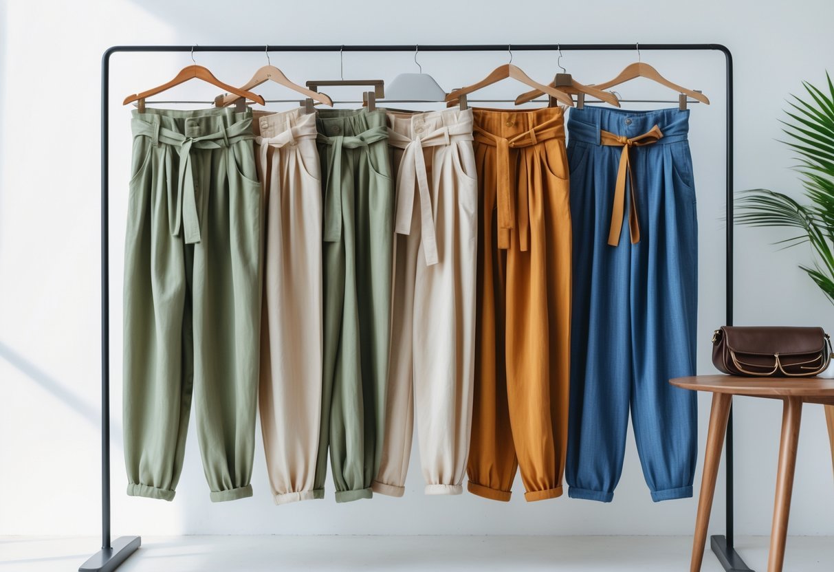 A neatly arranged collection of women's pants hanging on wooden hangers and folded on a wooden table in a bright studio setting.