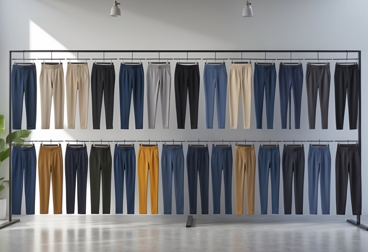 A neatly arranged display of various slim fit pants in a bright, modern studio setting.