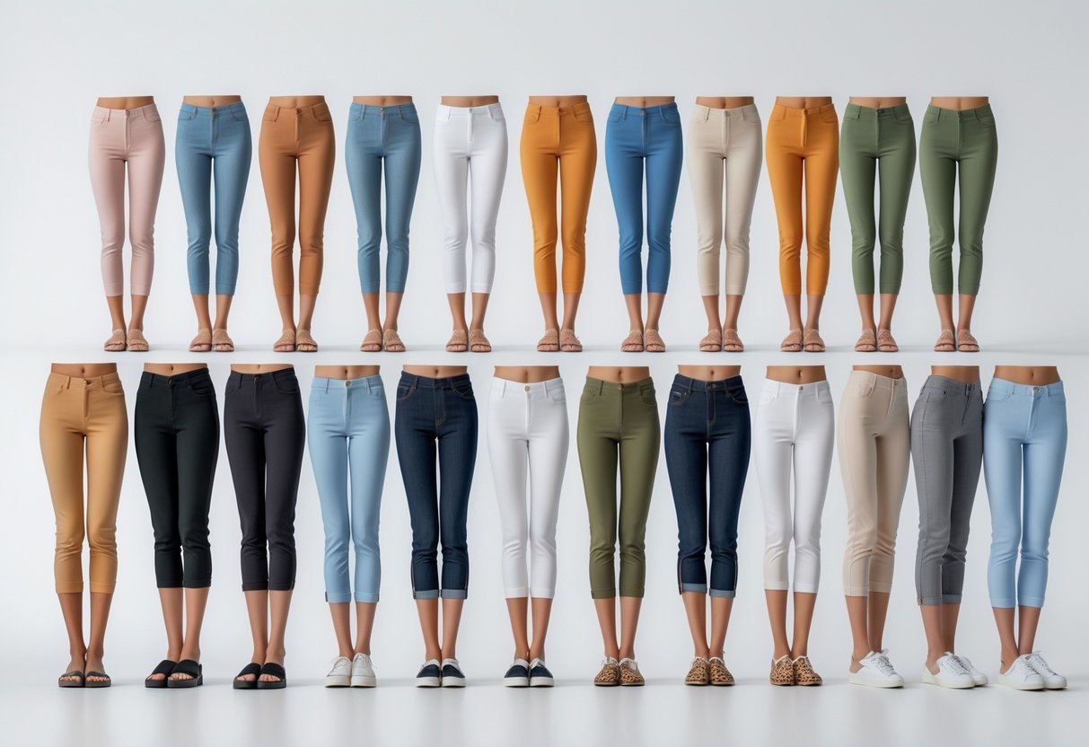 Several women's legs wearing different styles of cropped pants standing in a bright studio with a plain background.