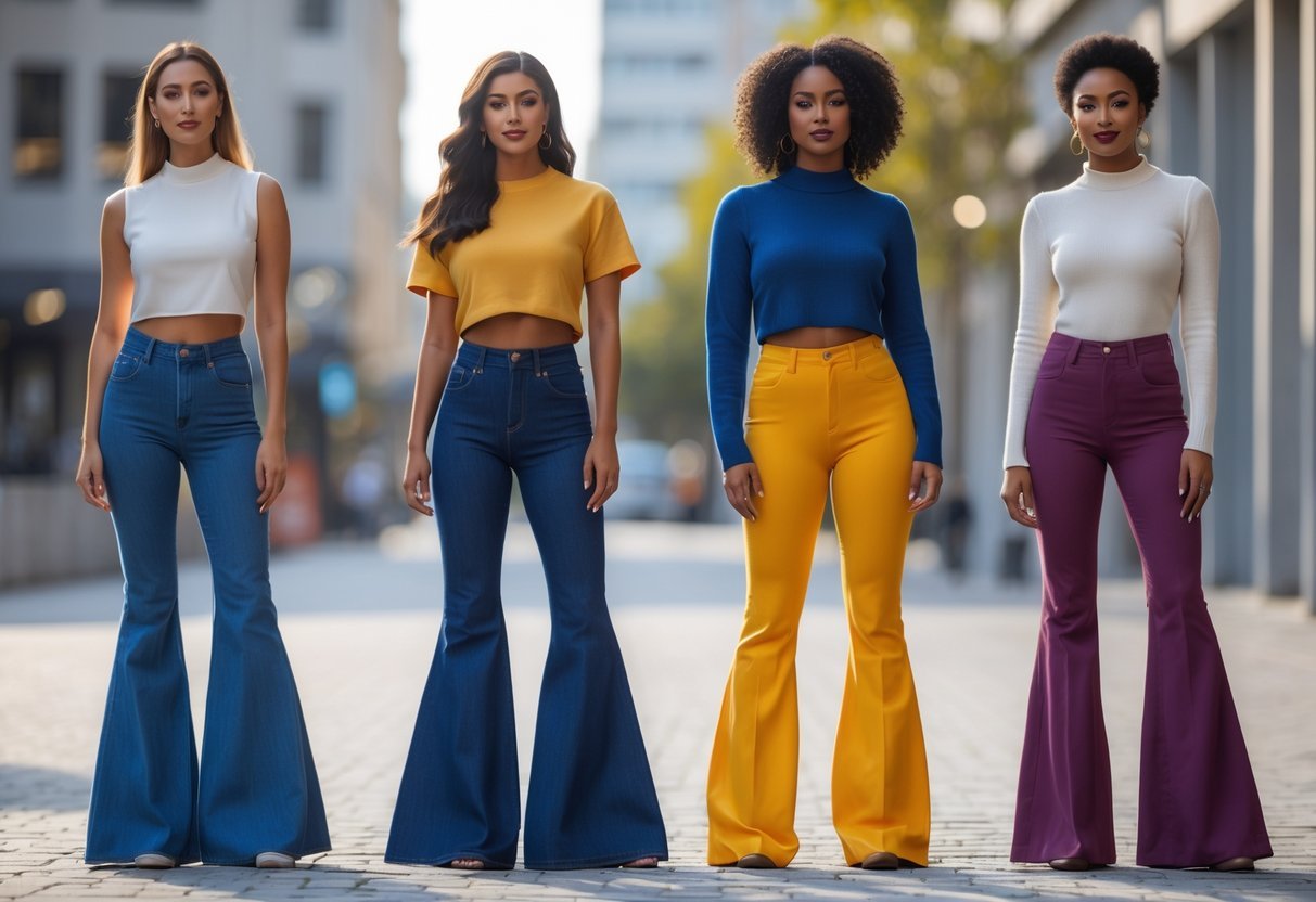 Four people standing outdoors wearing wide-legged pants in different colors and fabrics.