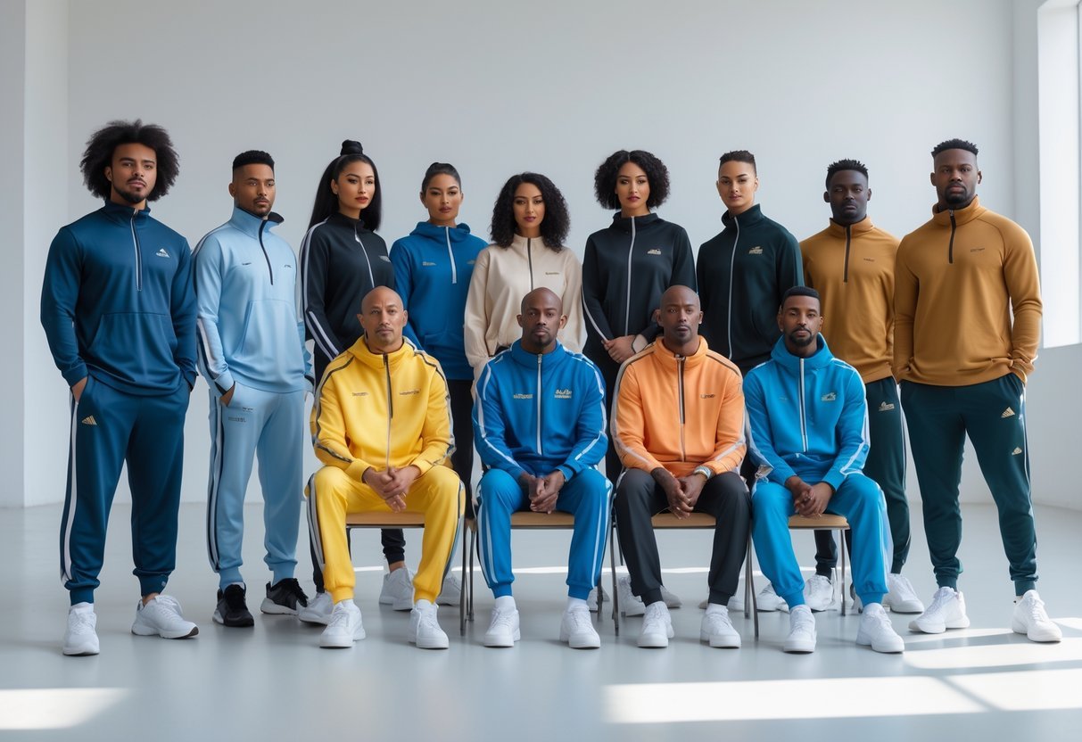 A group of diverse people posing in a bright studio, each wearing different types of pants.
