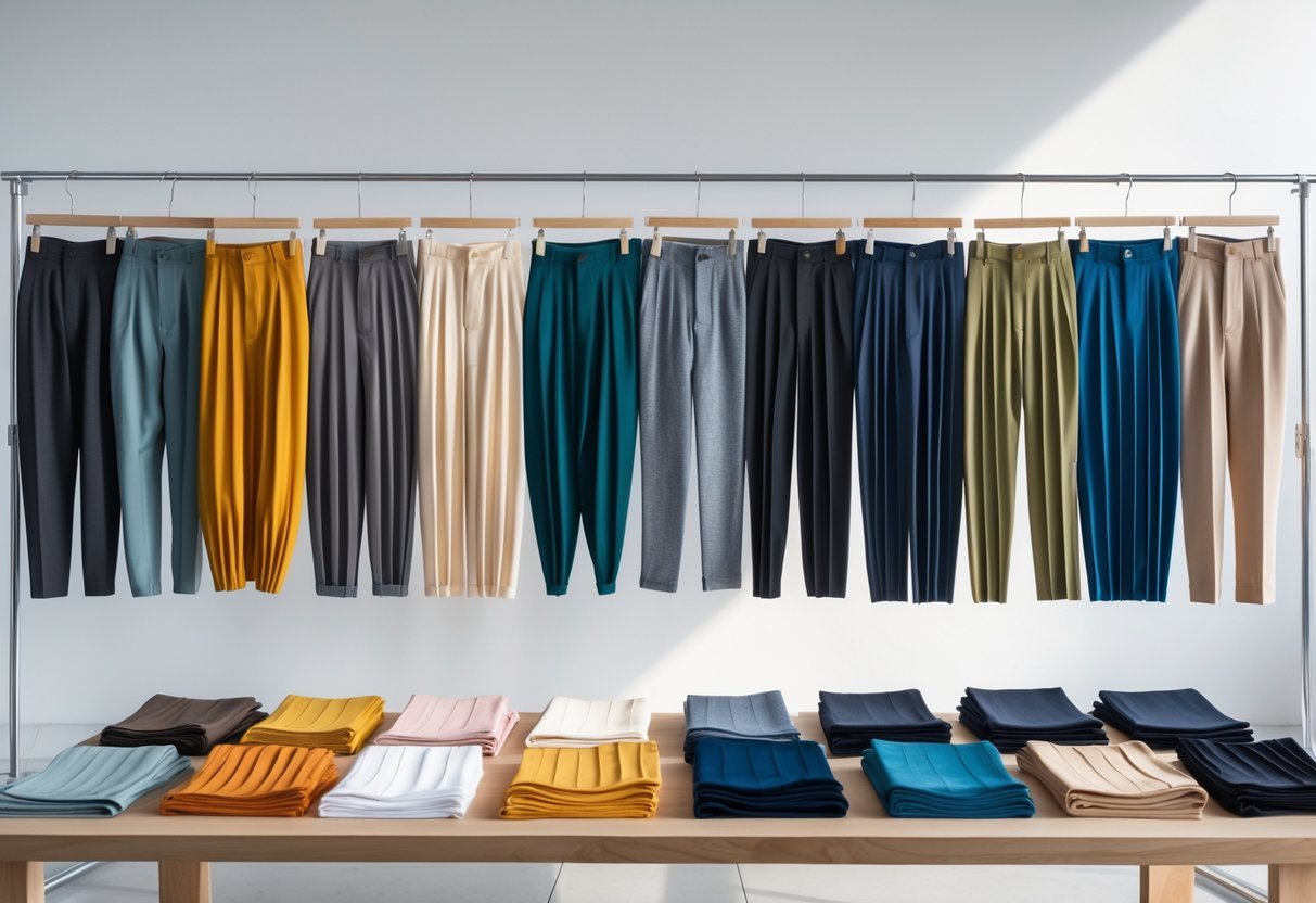 A bright studio scene displaying various pairs of pleated pants arranged on a table and clothing racks with fabric swatches and a mannequin nearby.