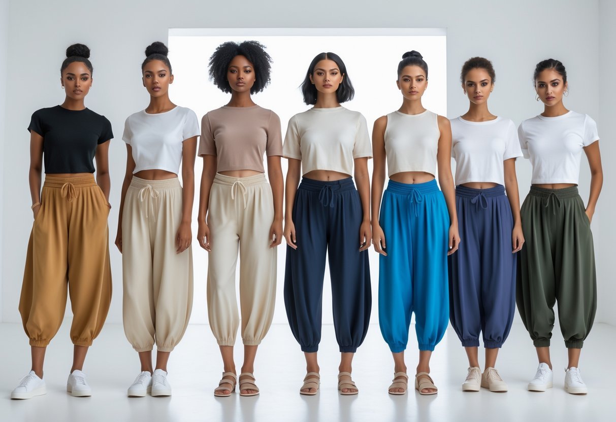 Six diverse people standing in a bright studio wearing different styles of loose-fitting pants.