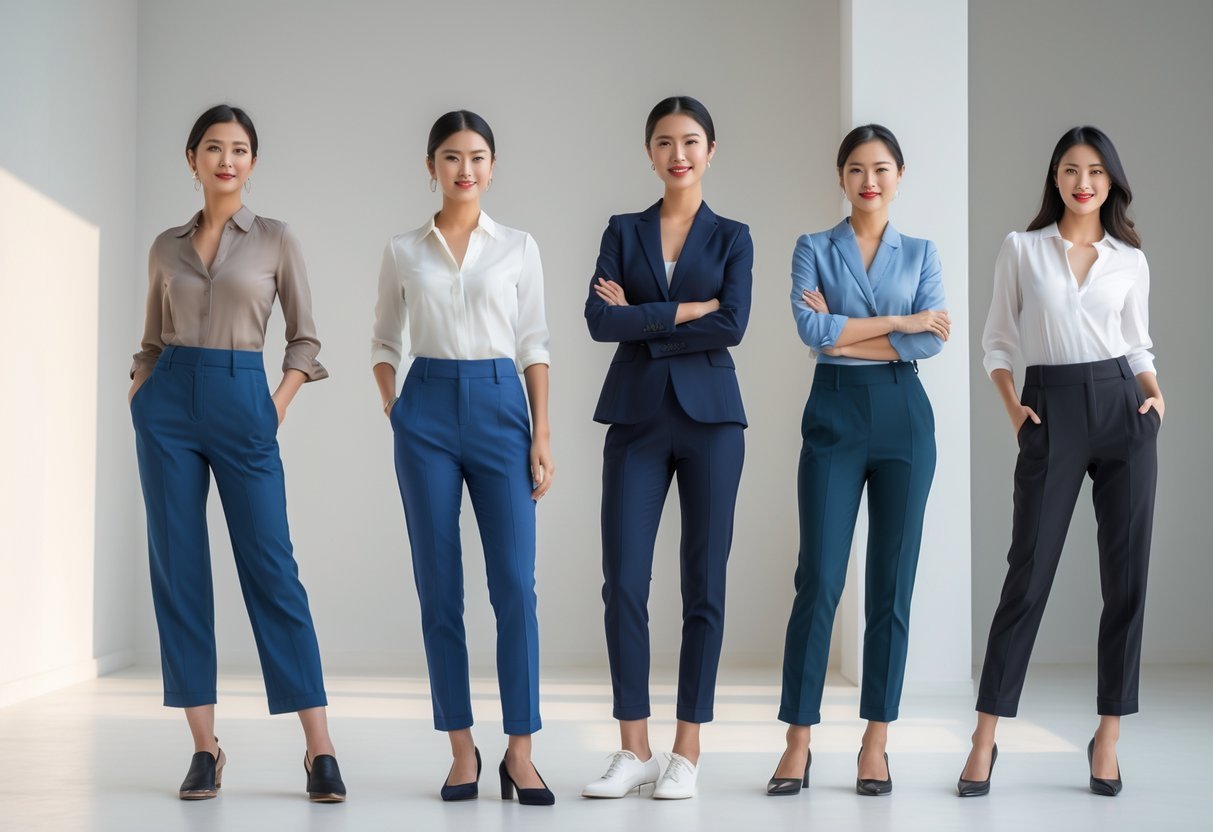 Four adults standing in a bright studio wearing different styles of pants, posing confidently against a plain background.