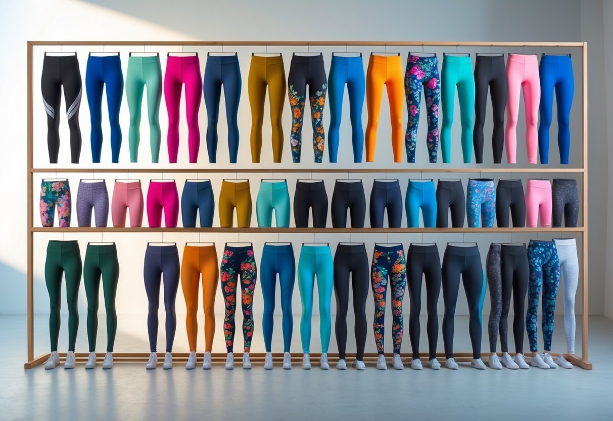 A neatly arranged display of various leggings in different colors and patterns on a wooden rack in a bright, minimalist studio.