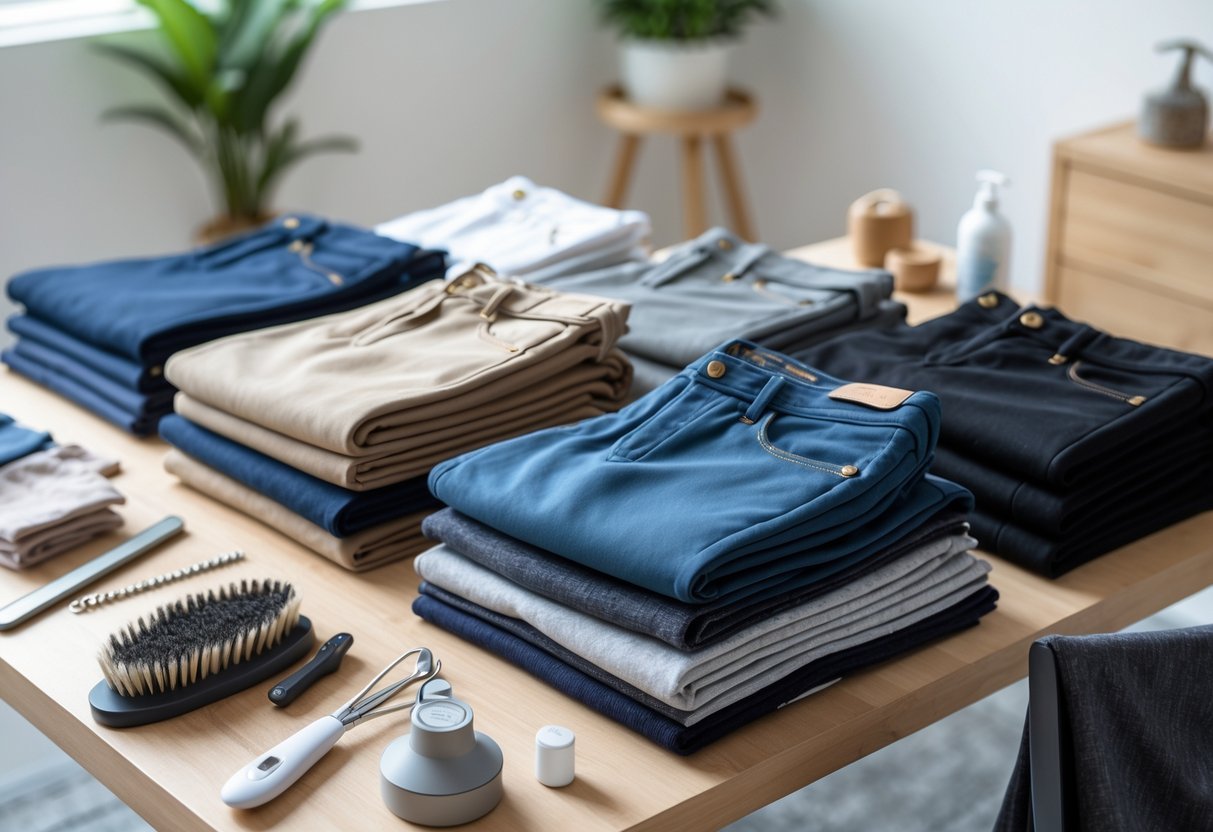 A neatly arranged collection of various pants styles displayed on a wooden table with clothing care items nearby in a bright, clean setting.