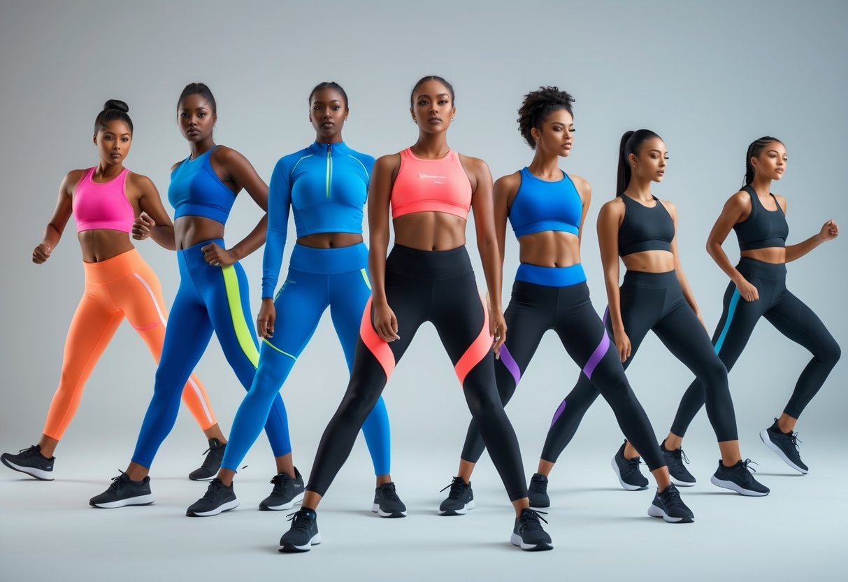 Seven diverse athletes wearing different modern sportswear styles posed dynamically against a plain background.