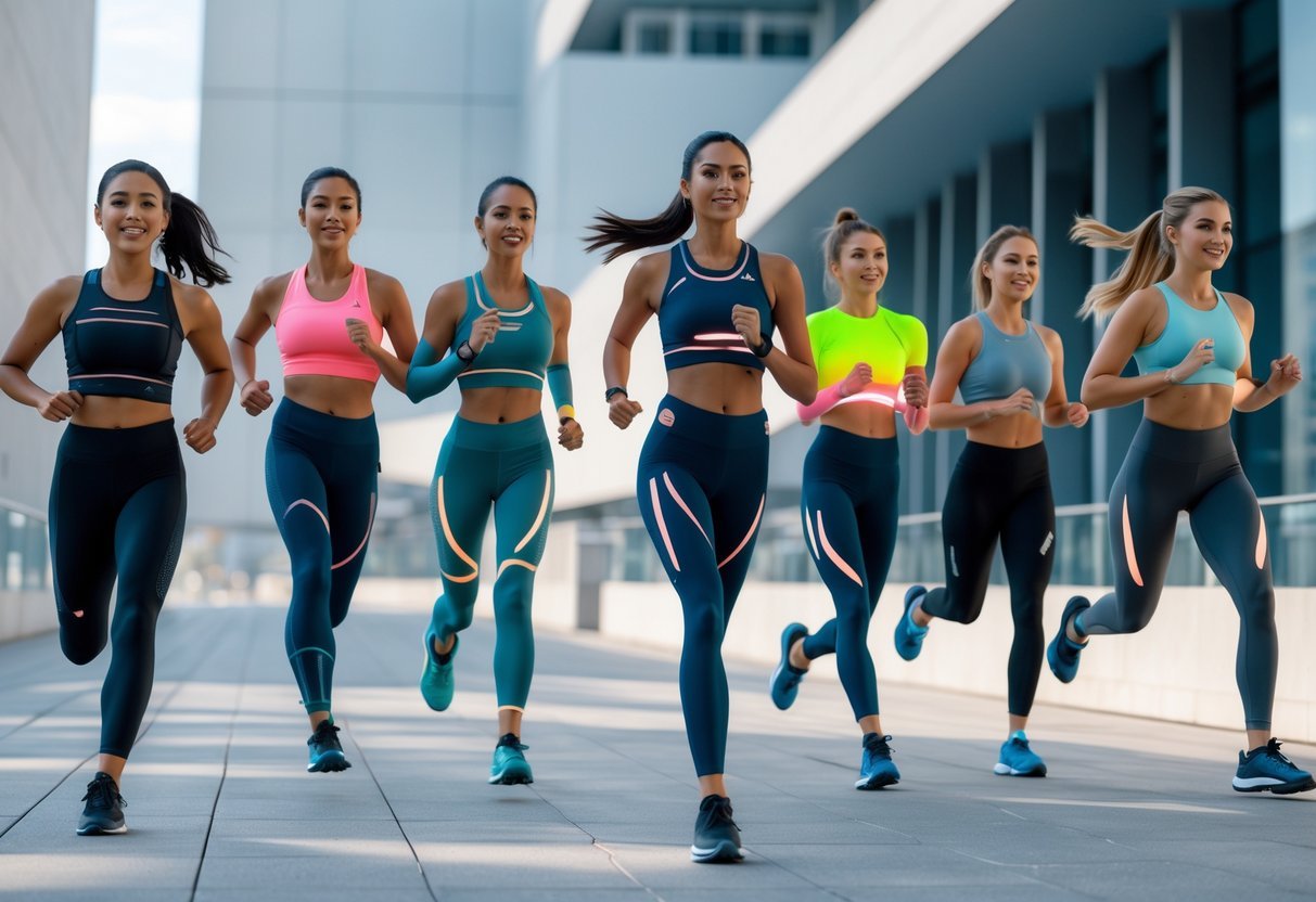 A group of athletes wearing advanced activewear performing different sports activities outdoors in an urban setting.