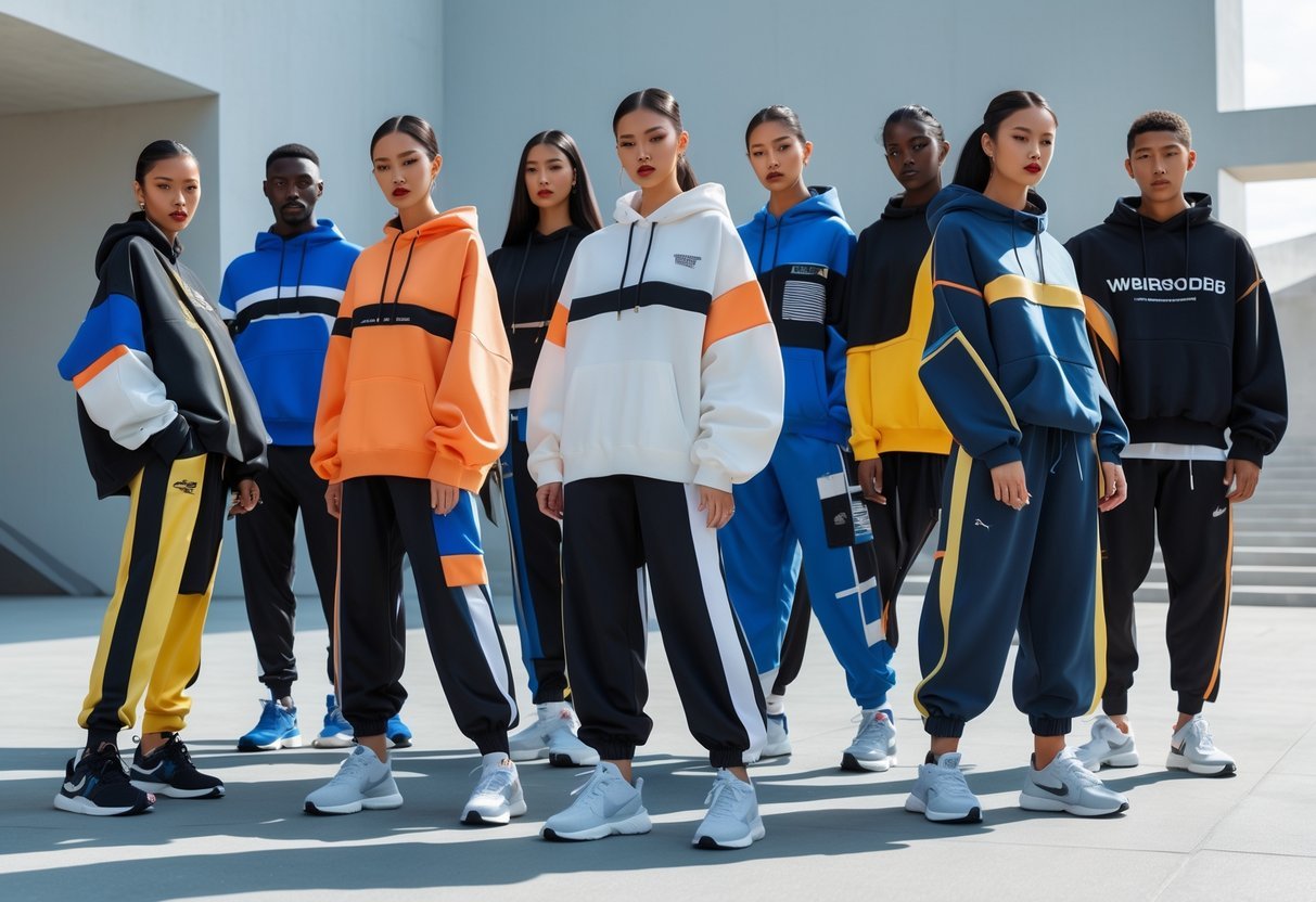 A group of diverse athletes wearing oversized sportswear posing outdoors in an urban setting.