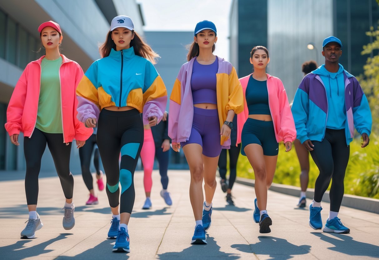 A diverse group of young adults wearing modern sportswear, standing and moving outdoors in an urban setting.