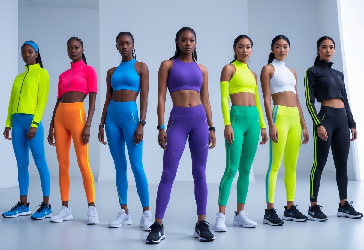 Seven diverse models wearing colorful sportswear outfits standing in a studio, showcasing bold color combinations and active poses.