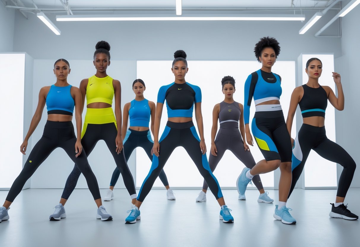 Seven athletes wearing different modern sportswear outfits posed dynamically in a bright studio.