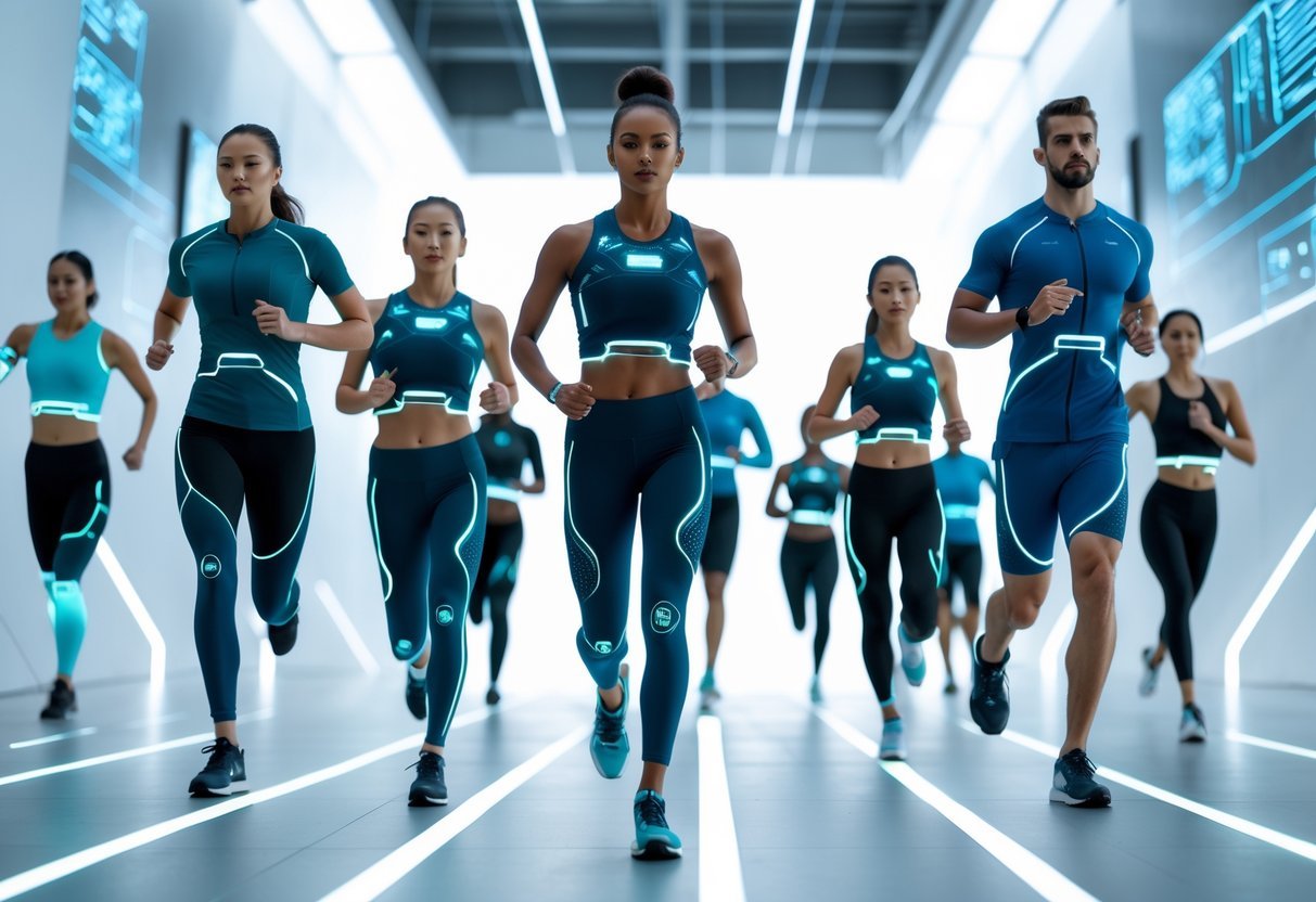 A group of athletes wearing futuristic sportswear performing different sports activities in a modern urban environment.