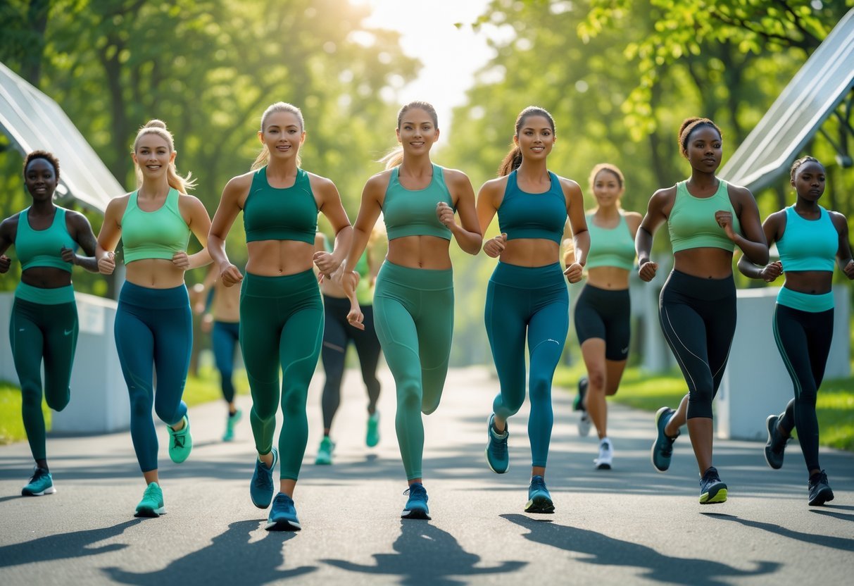 A group of athletes wearing eco-friendly sportswear outdoors in a green environment with trees and sunlight.