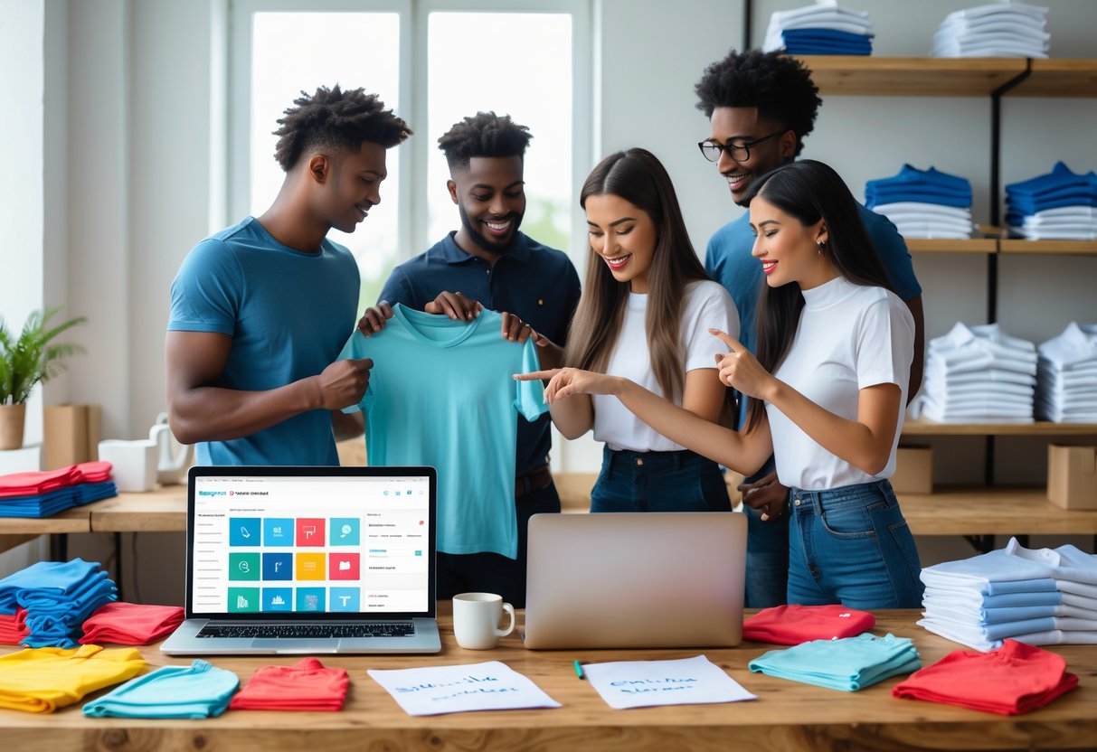 A group of people working together around a table with t-shirts, a laptop, and marketing materials in a bright workspace.