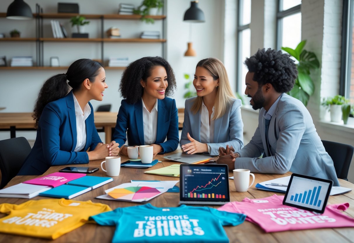 Three business professionals discussing marketing strategies around a table with t-shirt samples and laptops in a bright office.