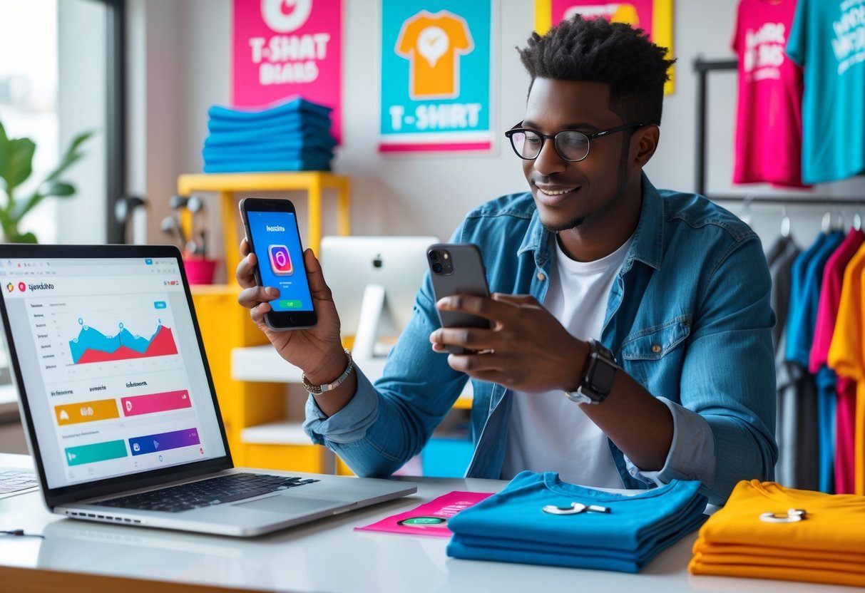 A young entrepreneur in a bright workspace holding a smartphone with t-shirts displayed around and a laptop showing social media analytics.