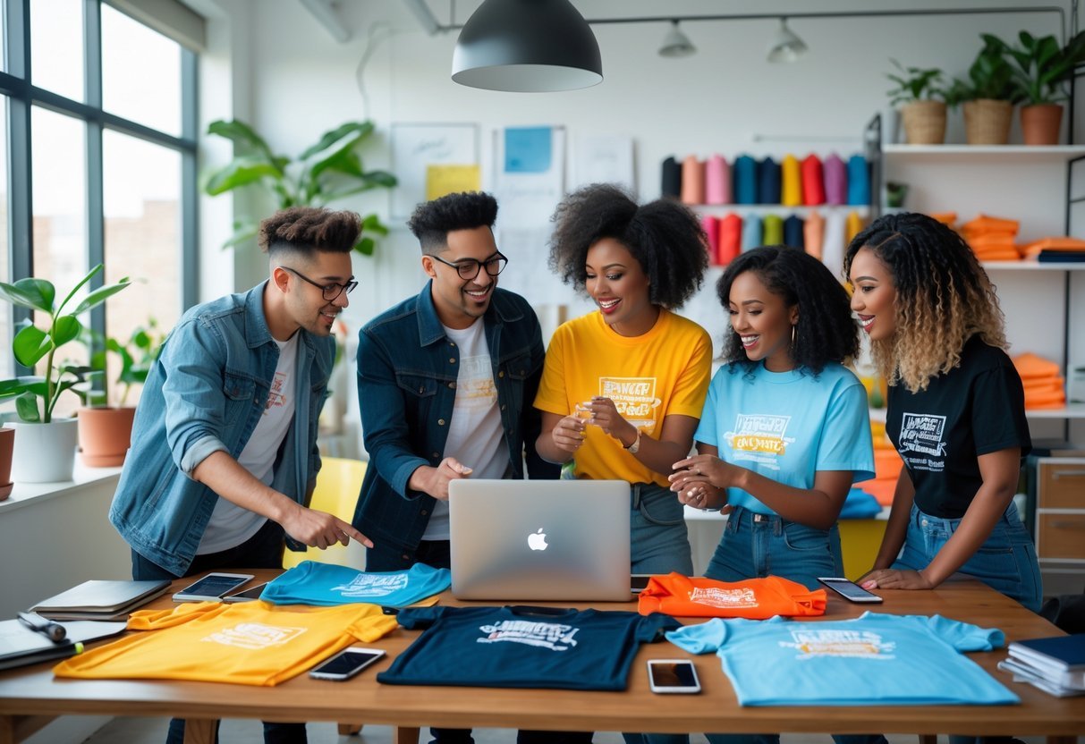 A group of four people collaborating around a table with laptops and t-shirts in a bright office.