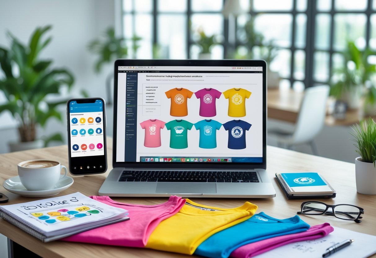 A workspace with a laptop showing t-shirt designs, a smartphone with social media apps, folded t-shirts, a notebook with sketches, and a coffee cup on a desk in a bright office.