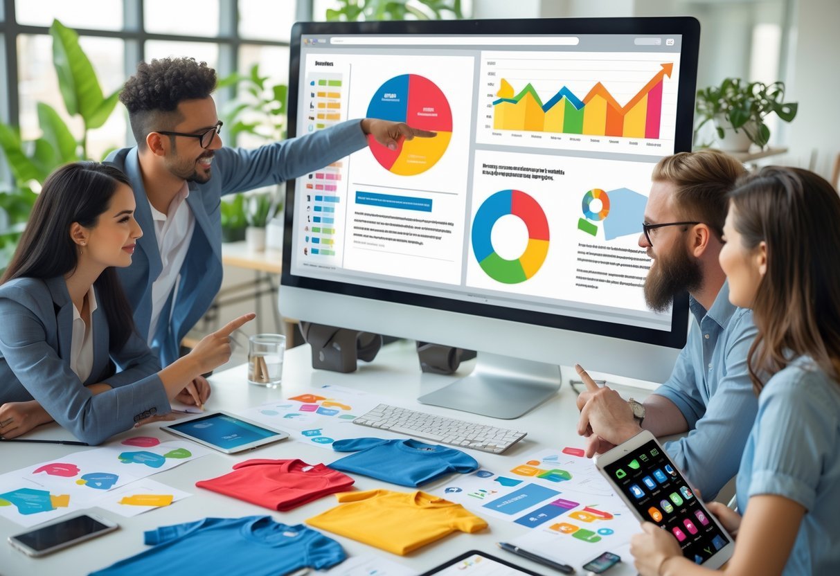 A group of young professionals working together in an office around a computer and t-shirt samples, planning a marketing campaign.
