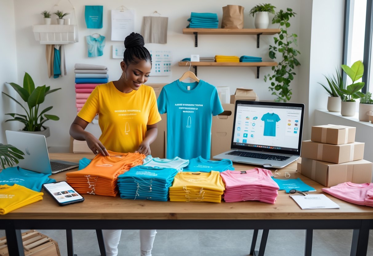 A person arranging t-shirts on a table with a laptop, smartphone, and packaging materials in a bright, organized workspace.