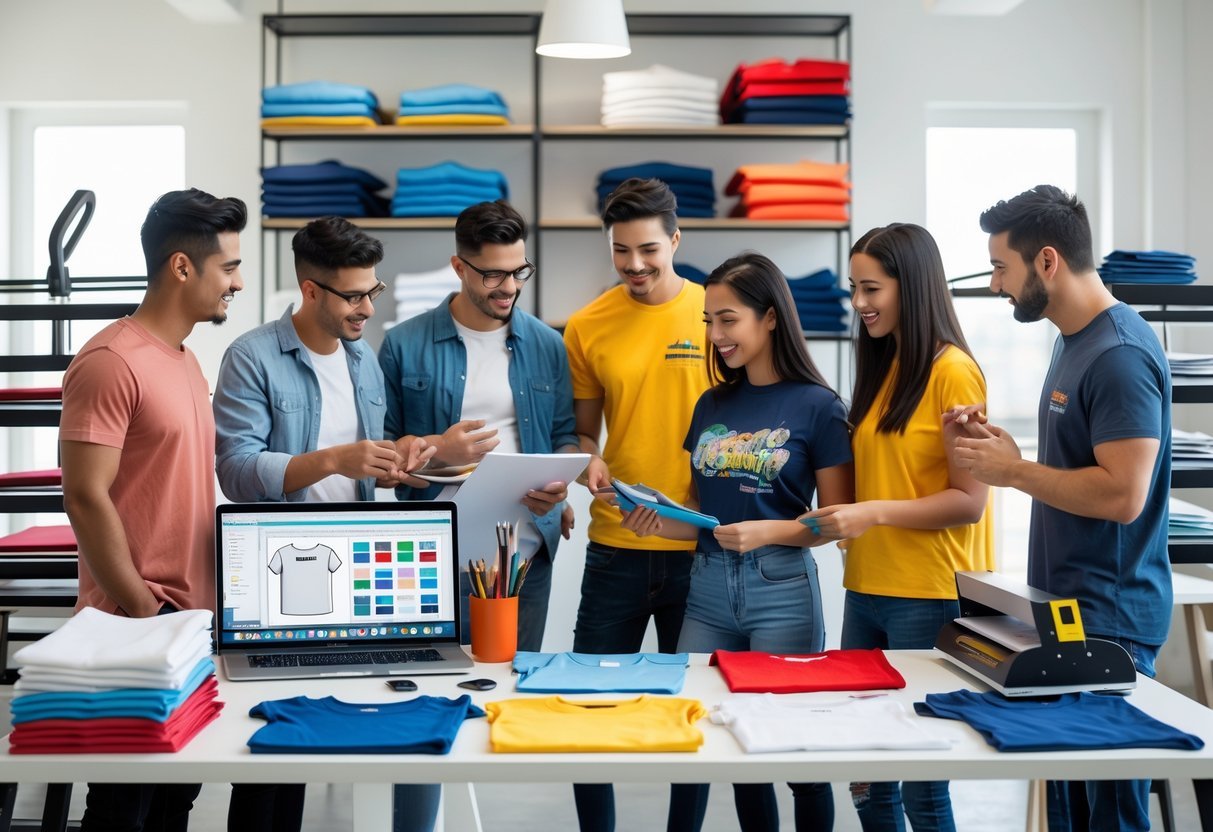 A group of people working together in a bright studio with t-shirts, fabric samples, and design tools on a desk.