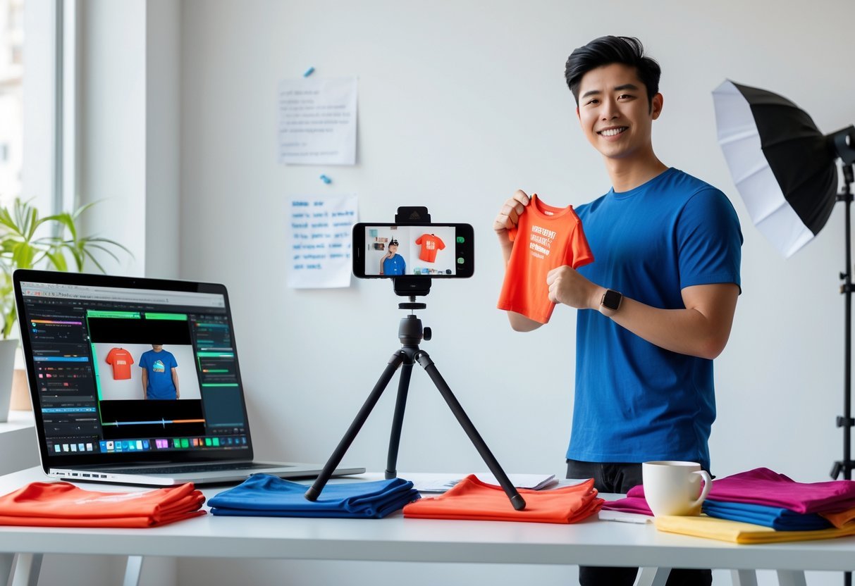 A person recording a video showcasing a t-shirt in a bright, organized workspace with a laptop, smartphone on tripod, and several t-shirts displayed.