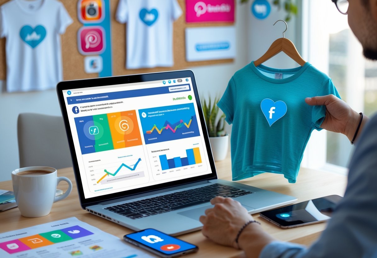 Person at a desk holding a t-shirt with a laptop showing social media ad dashboards and marketing materials nearby.