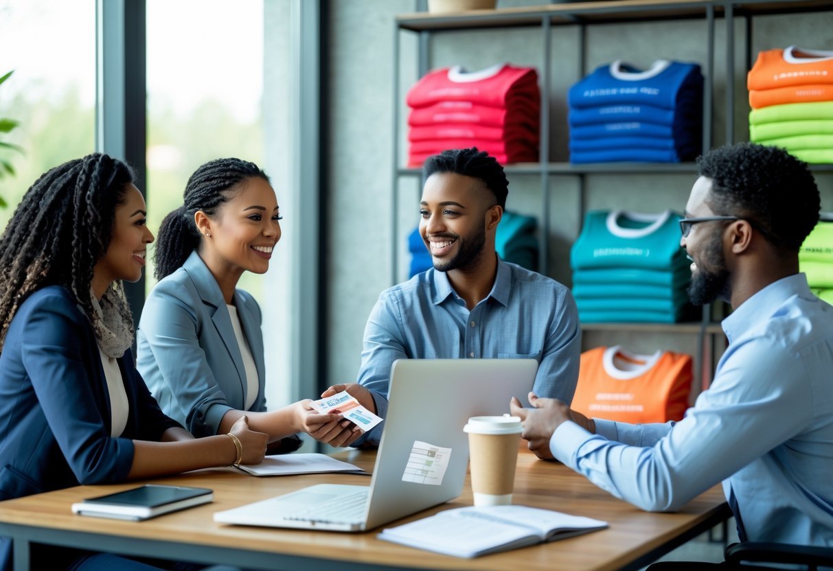 Three people discussing a referral program around a table with t-shirts and marketing materials in a bright office.
