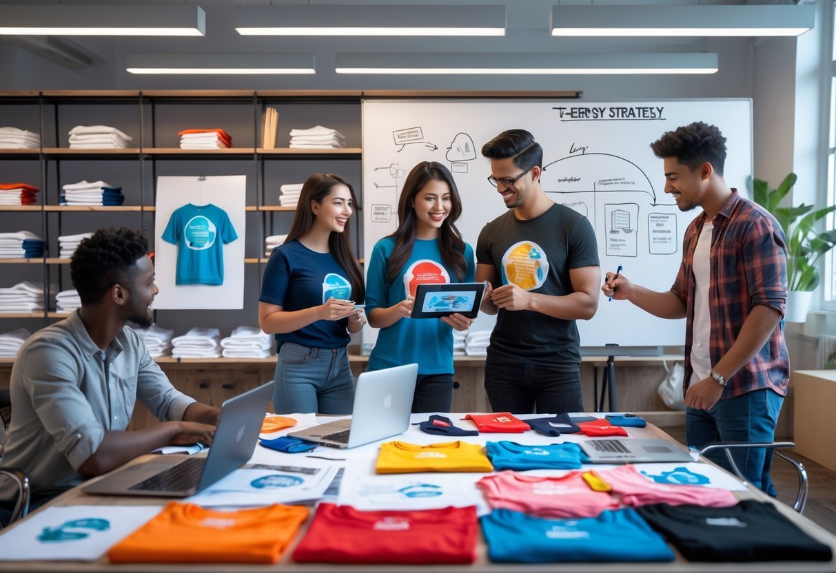 A group of people collaborating around a table with t-shirt samples, design sketches, and laptops in a bright workspace.