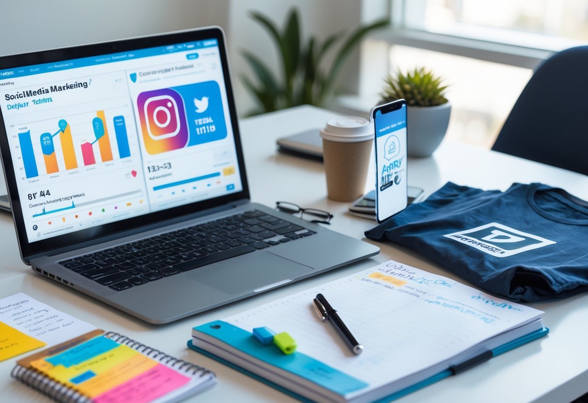 A workspace with a laptop showing social media analytics, a smartphone displaying t-shirt posts, a notebook with notes, and a folded t-shirt on the desk.