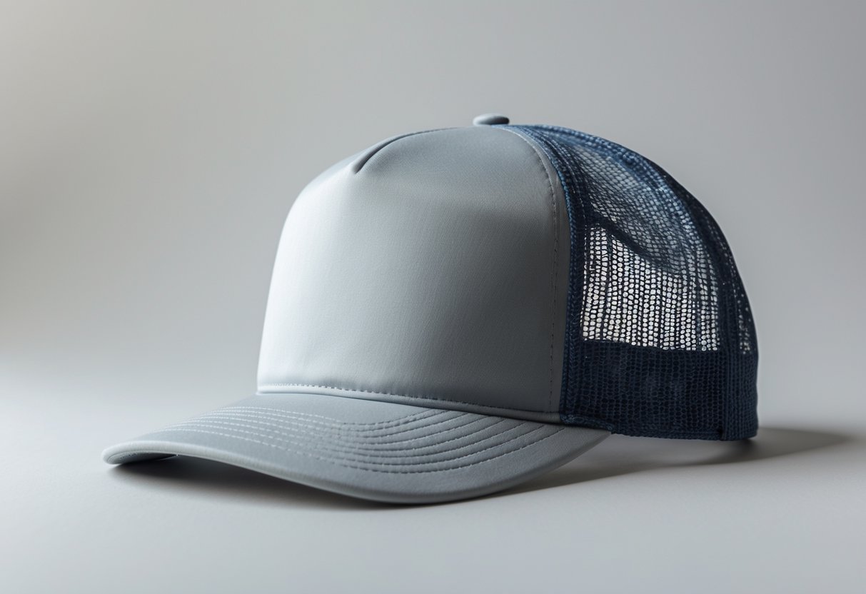 A trucker hat with a foam front panel, curved brim, and mesh back on a plain background.