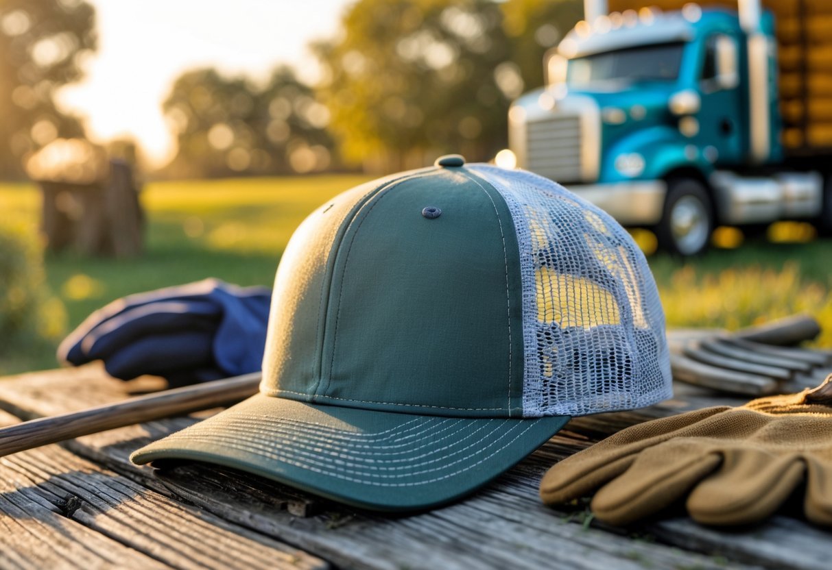 A trucker hat with a mesh back resting on a wooden table surrounded by farming tools and a model semi-truck in the background.